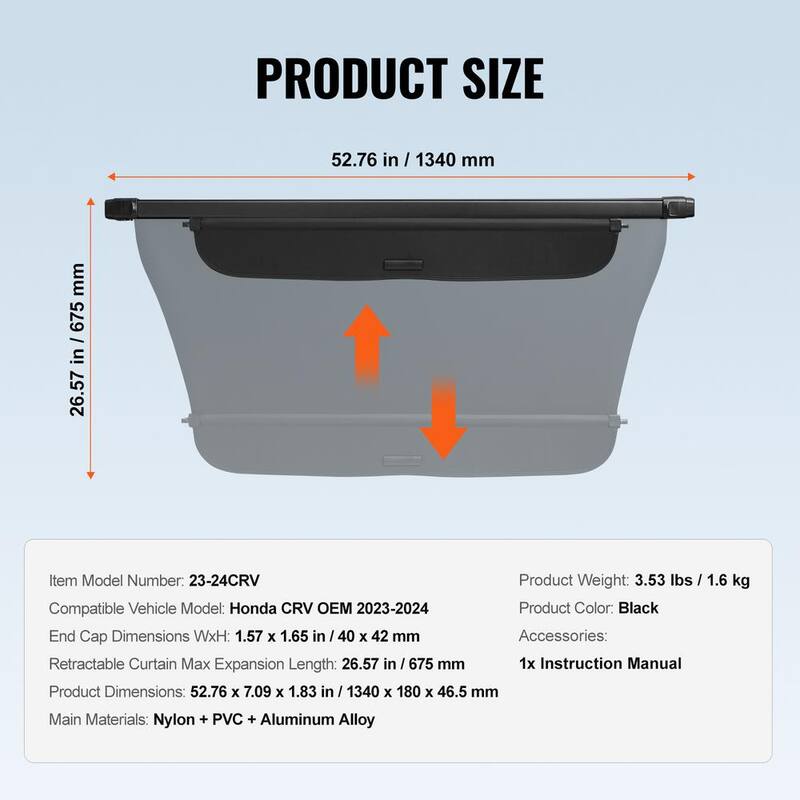 VEVOR Retractable Cargo Cover for Honda, Upgraded Waterproof Trunk Cover Security Shield Shade for Honda CRV 2023-2024 - YCKSSSHCGYCKLJ727V0