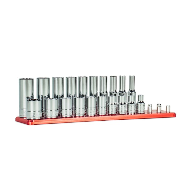 Capri Tools 1/4in. Drive 12-Point Shallow Deep Socket Set, SAE, 3/16 9/16in., SAE, 20-Piece Billet Aluminum - CP16101-20SSDR