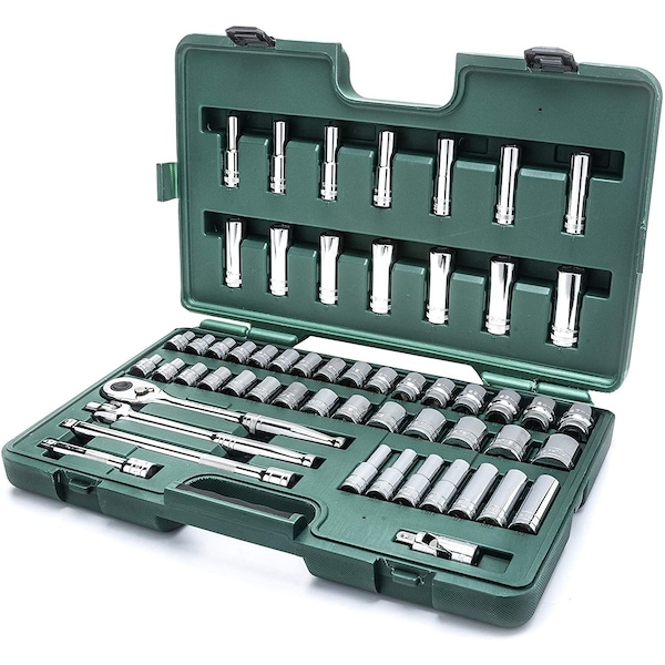 Sata 56-Piece 1/2-Inch Drive SAE and Metric Socket Set, Standard and Deep Sizes, with Ratchet - ST09008U