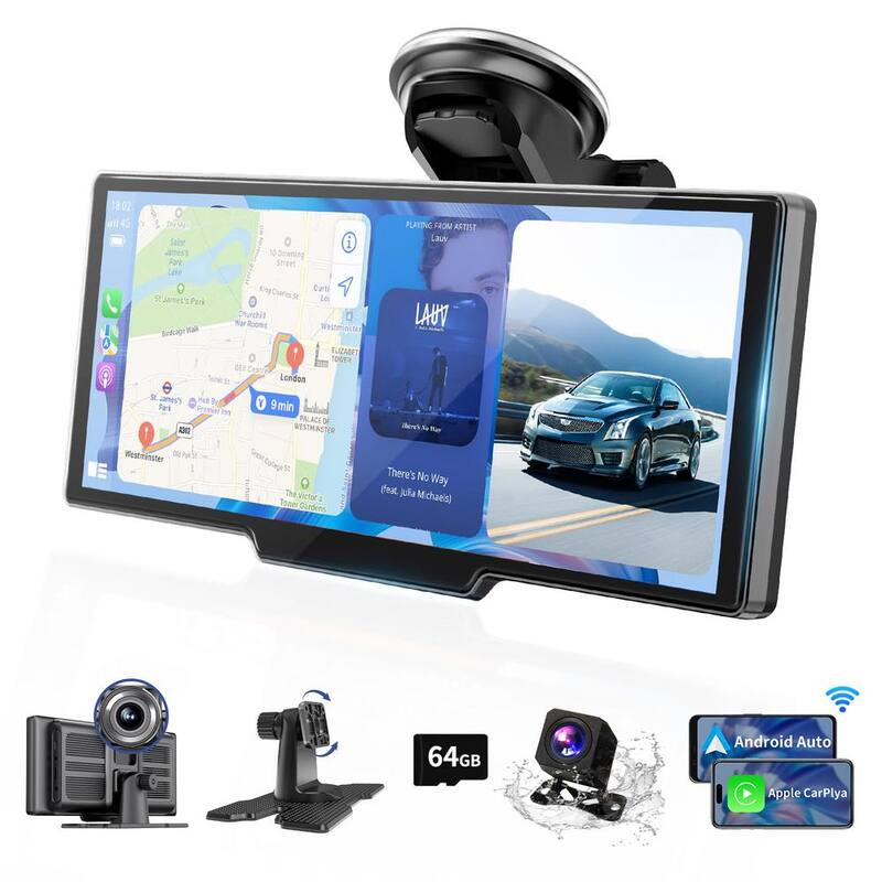 Etokfoks 10.26 in. Portable Car Touch Screen CarPlay Auto with 2.5K Dash Cam 1080P Backup Camera Bluetooth/GPS Navigation/TF Card - MLSA04-4LT095