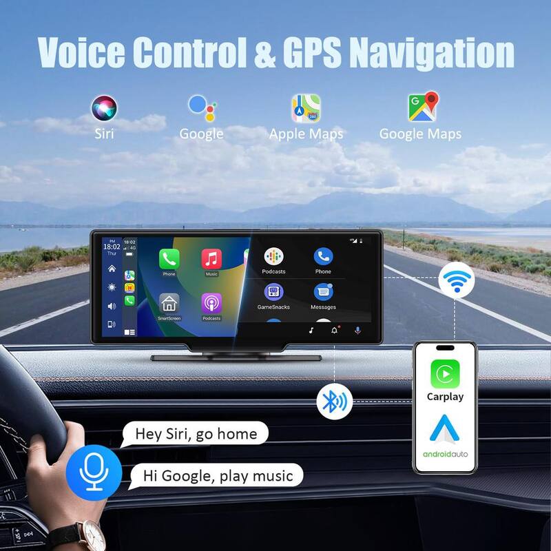Etokfoks 10.26 in. Portable Car Touch Screen CarPlay Auto with 2.5K Dash Cam 1080P Backup Camera Bluetooth/GPS Navigation/TF Card - MLSA04-4LT095