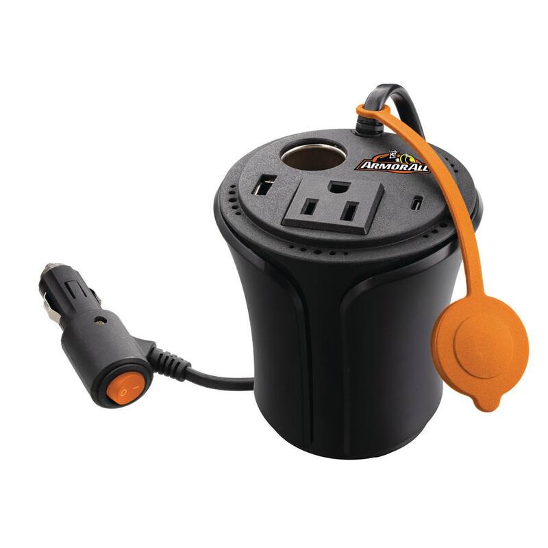 Armor All 150W Cup Holder Power Inverter, DC AC USB Type-C, Extend Power to Back of Car - API8-1004-BLK
