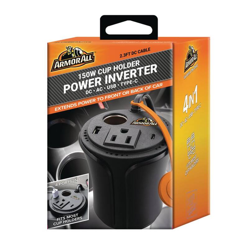 Armor All 150W Cup Holder Power Inverter, DC AC USB Type-C, Extend Power to Back of Car - API8-1004-BLK