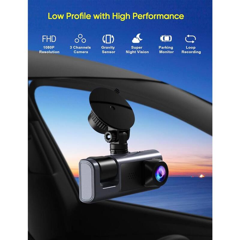 Etokfoks 3 Channel Dash Cam Front and Rear Inside 1080P Dash Dashcam 3-Way Triple Car Camera with IR Night Vision G-Sensor - MLSA04-3LT197