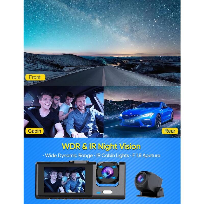 Etokfoks 3 Channel Dash Cam Front and Rear Inside 1080P Dash Dashcam 3-Way Triple Car Camera with IR Night Vision G-Sensor - MLSA04-3LT197