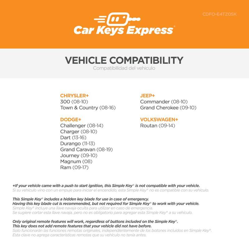 Car Keys Express Chrysler and Dodge 4-Button Simple Key with EZ Installer - Replace and Program Fobik Key with Emergency Key Insert - CDFO-E4TZ0SK