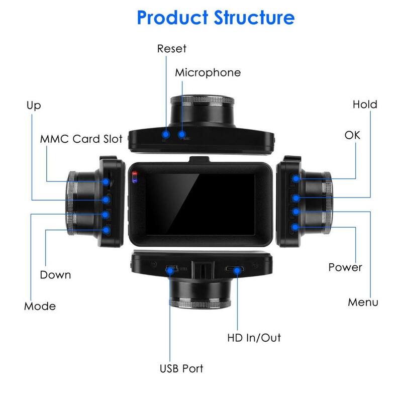 Etokfoks 3 in. Screen Dual Dash Cam with Front Rear Camera G-Sensor Motion Detection Parking Monitor Night Vision Loop Recording - MLSA21OT003