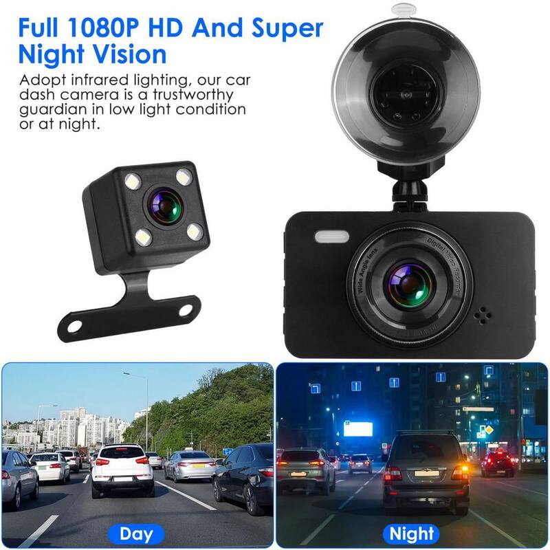 Etokfoks 3 in. Screen Dual Dash Cam with Front Rear Camera G-Sensor Motion Detection Parking Monitor Night Vision Loop Recording - MLSA21OT003