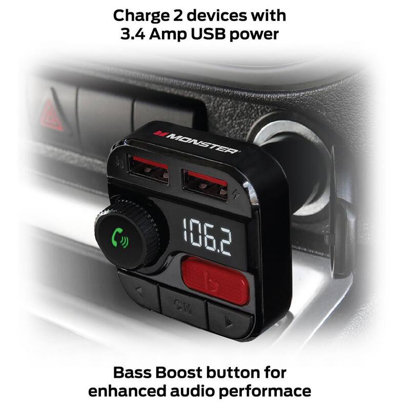 Monster Bluetooth FM Transmitter with 3.4 Amp USB Charging Ports, Black - MCC9-1032-BLK