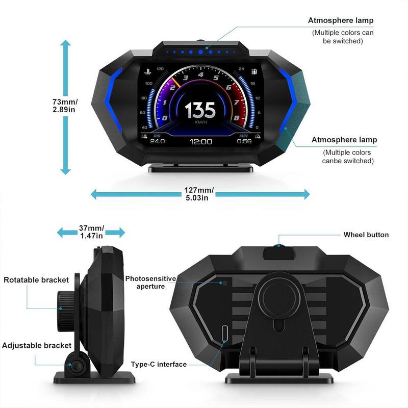 Etokfoks Heads Up Display for Car, OBD+GPS Multi-Data Monitor Digital Speedometer, Overspeed Alarm RPM Pressure Smart Gauge HUD - MLSA04-3LT223