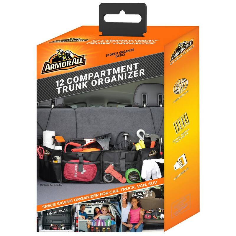 Armor All 12 Compartment Universal Car Trunk Organizer Built-In Cooler, Collapsible - ACO7-1005-BLK