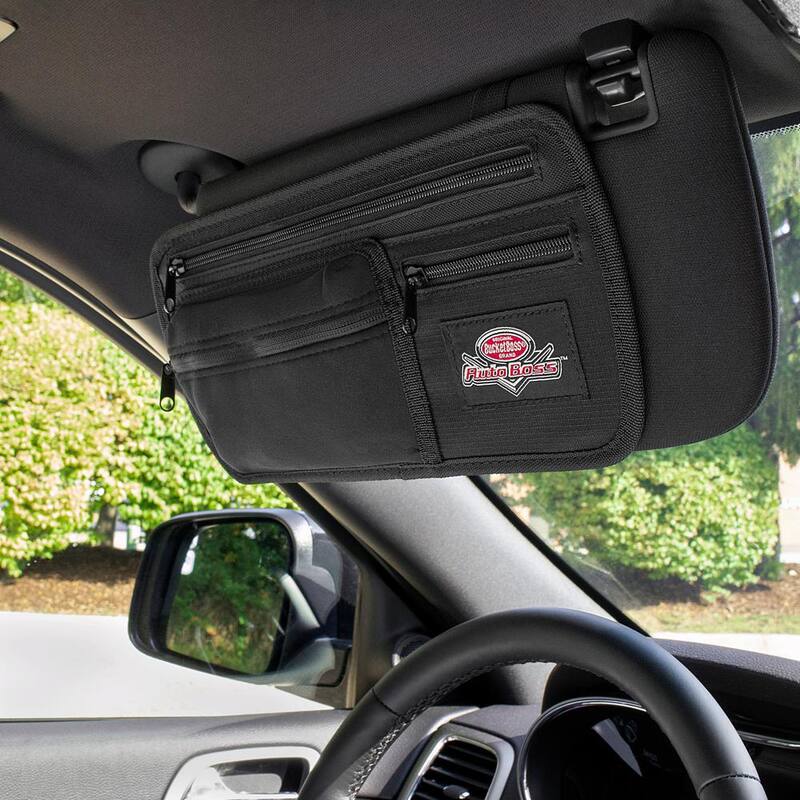 BUCKET BOSS Auto Boss Visor Organizer Interior Car Accessory with Adjustable Elastic Straps and Zipped Pockets in Black - AB30040