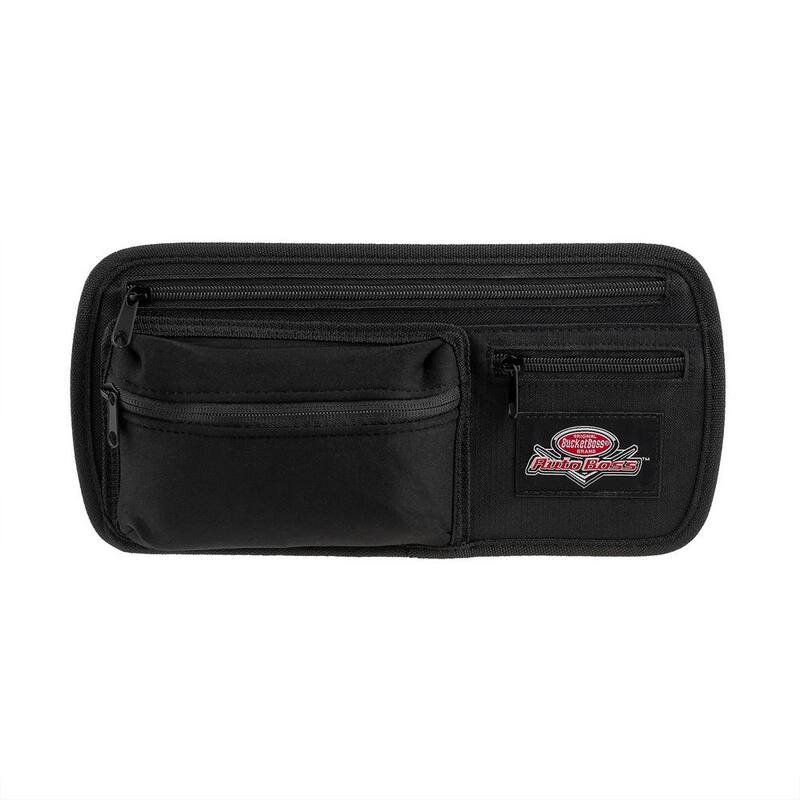 BUCKET BOSS Auto Boss Visor Organizer Interior Car Accessory with Adjustable Elastic Straps and Zipped Pockets in Black - AB30040