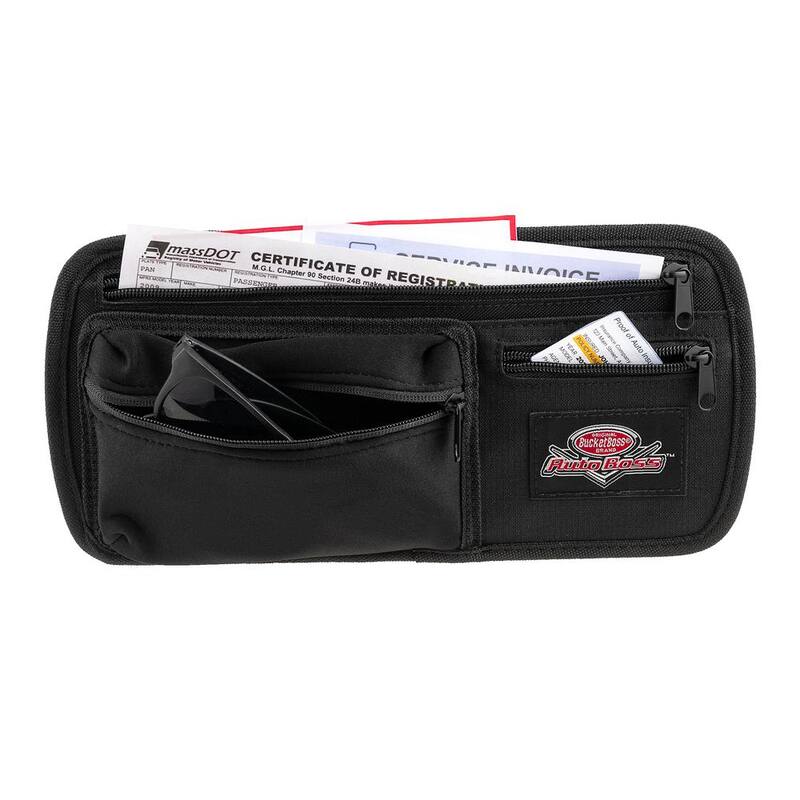 BUCKET BOSS Auto Boss Visor Organizer Interior Car Accessory with Adjustable Elastic Straps and Zipped Pockets in Black - AB30040