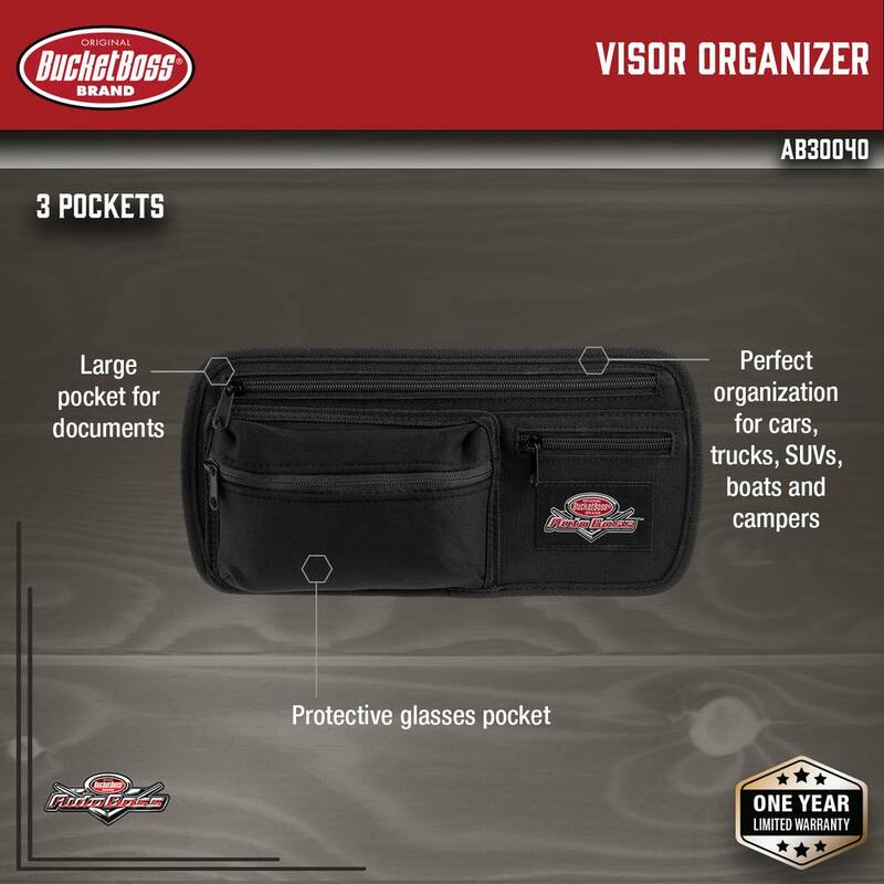 BUCKET BOSS Auto Boss Visor Organizer Interior Car Accessory with Adjustable Elastic Straps and Zipped Pockets in Black - AB30040