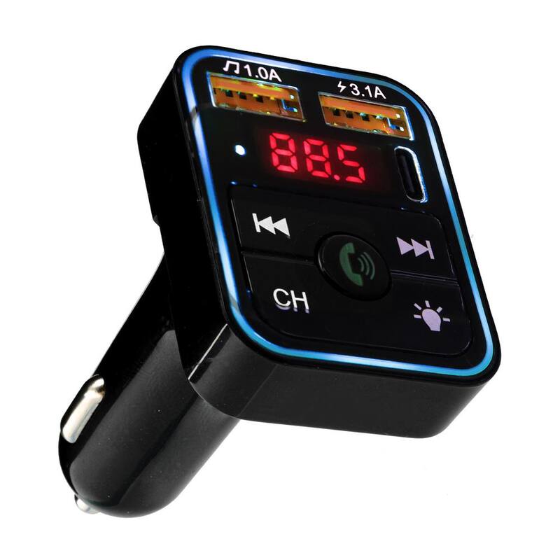 Armor All LED Light Bluetooth FM Transmitter and Car Charger, Hands Free Calling, Type-C and 2 USBA Ports - AHF9-1013-BLK