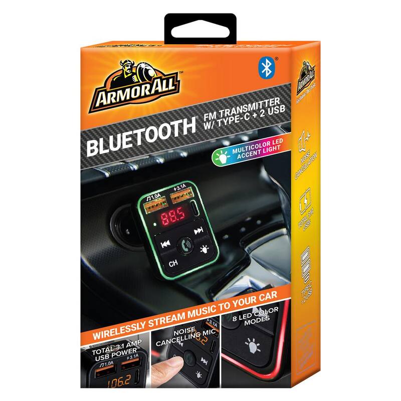 Armor All LED Light Bluetooth FM Transmitter and Car Charger, Hands Free Calling, Type-C and 2 USBA Ports - AHF9-1013-BLK
