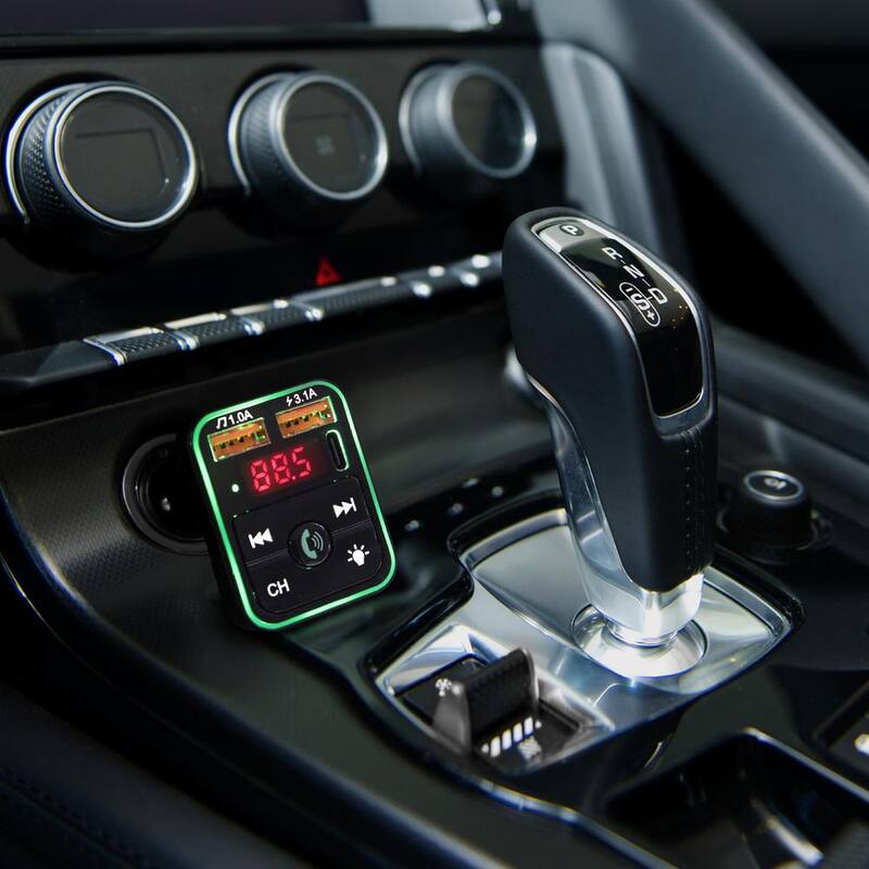 Armor All LED Light Bluetooth FM Transmitter and Car Charger, Hands Free Calling, Type-C and 2 USBA Ports - AHF9-1013-BLK