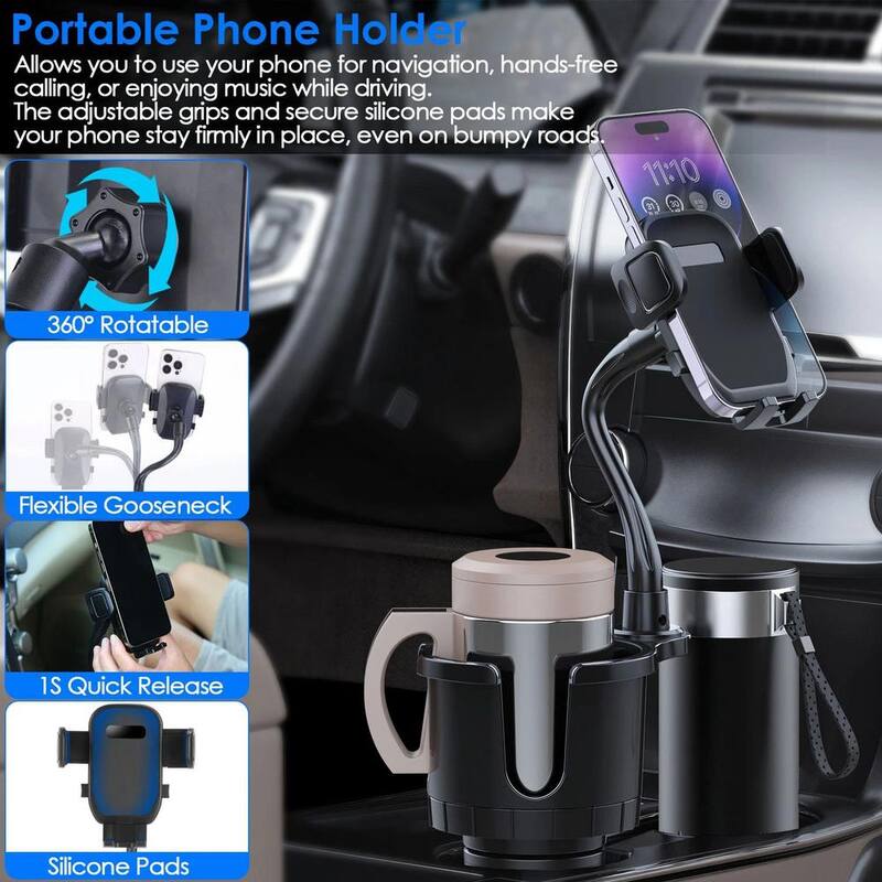 Etokfoks 2-in-1 Car Cup 360° Rotating Gooseneck Phone Holder Automotive Drink Holder in Black Adjustable Base Fit - MLSA21OT004