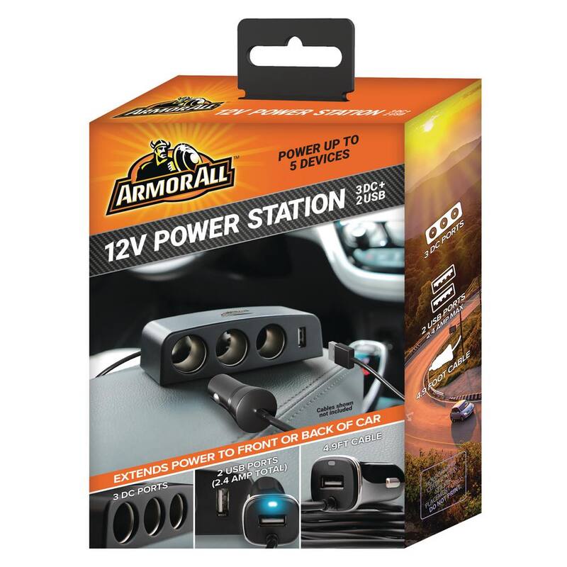 Armor All 5 port 12V Power Station, Charge Up To 5 Devices, 3 DC Ports/Two USB-A Ports - ACC8-1015-BLK