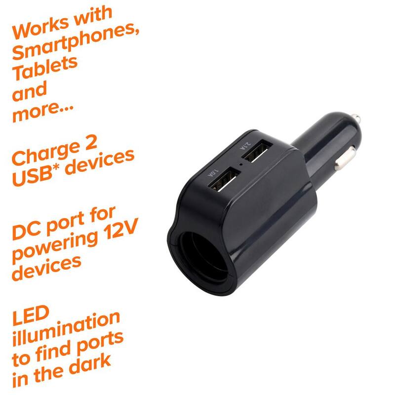 Armor All 2.1 Amp 2 USB Port Car Charger, 12-24V DC Input, Power Up To 3 Devices - ACC8-0104-BLK