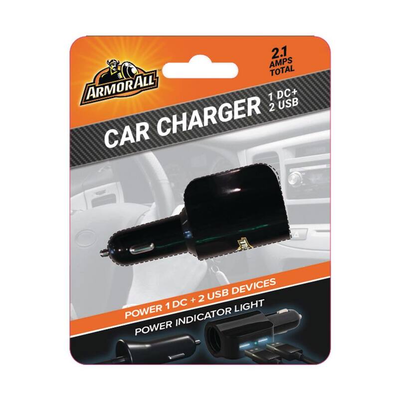 Armor All 2.1 Amp 2 USB Port Car Charger, 12-24V DC Input, Power Up To 3 Devices - ACC8-0104-BLK