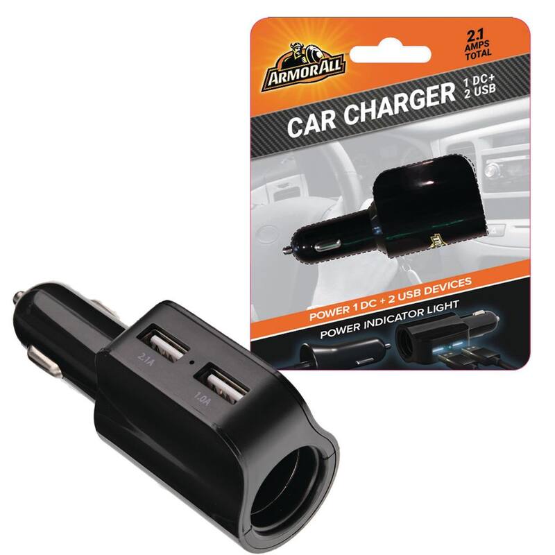 Armor All 2.1 Amp 2 USB Port Car Charger, 12-24V DC Input, Power Up To 3 Devices - ACC8-0104-BLK