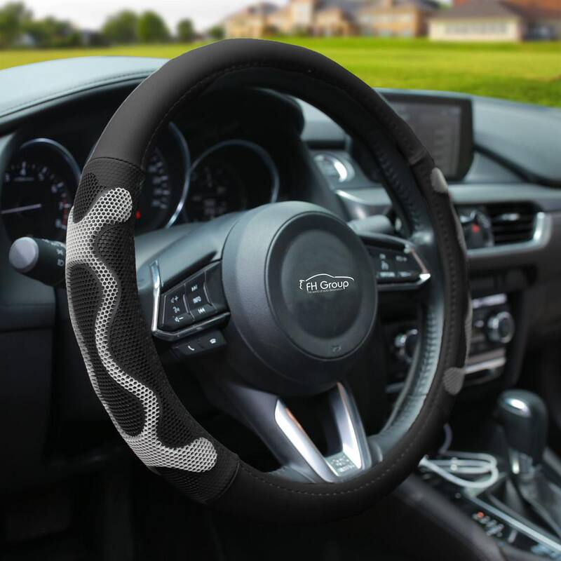 FH Group Universal Leather Car Steering Wheel Cover with Silicone Anti-Slip Grip - DMFH2010GRAY