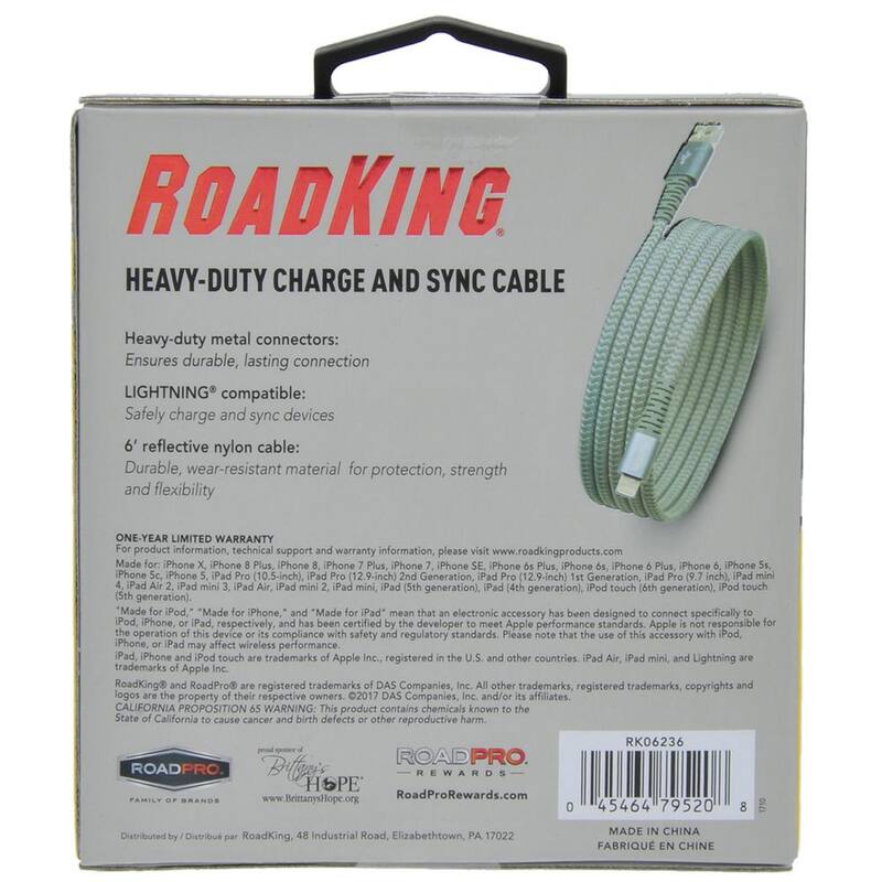 RoadKing Mobilespec 6 ft. Heavy-Duty Lightning Charge and Sync Cable, Silver Charge and Sync Cable - RK06236