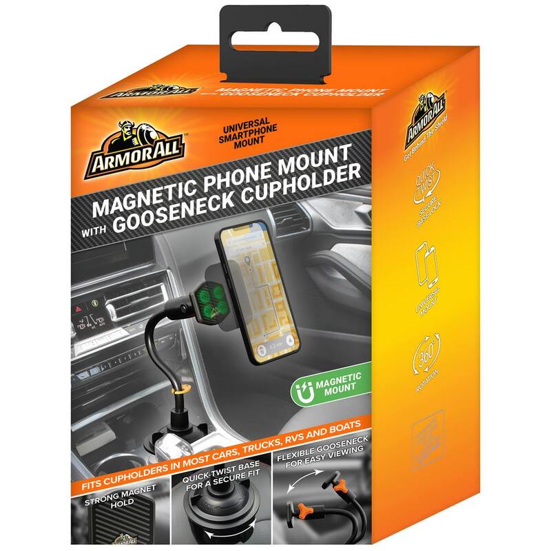 Armor All Magnetic Phone Mount With Gooseneck Cupholder, Turns 360-Degrees - AMH3-1014-BLK