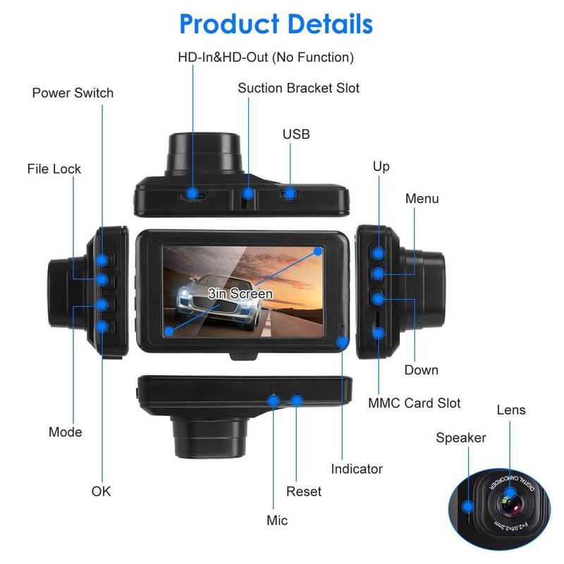 Etokfoks 1080P Car DVR 3 in. Camera Dash Cam Camcorder Camera Recorder with 100-Degree Angle Loop Recording Motion Detection - MLSA21OT008