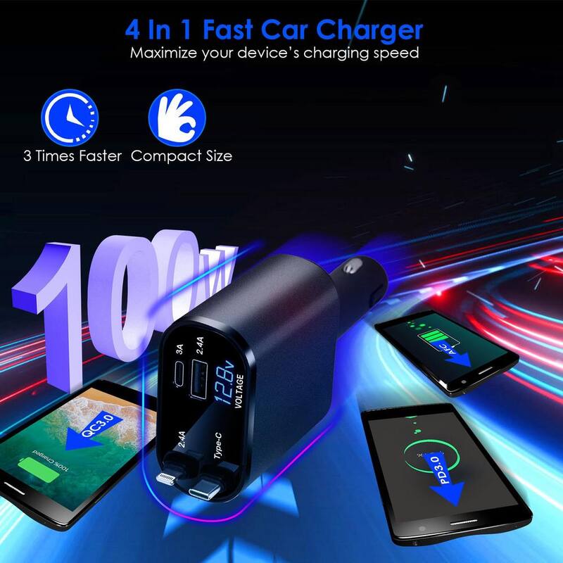 Etokfoks 100-Watt 4-In-1 180º Adjustable Fast Car Charger USB C Car Charger in Silver Grey (1-Pack) - MLSA21OT010