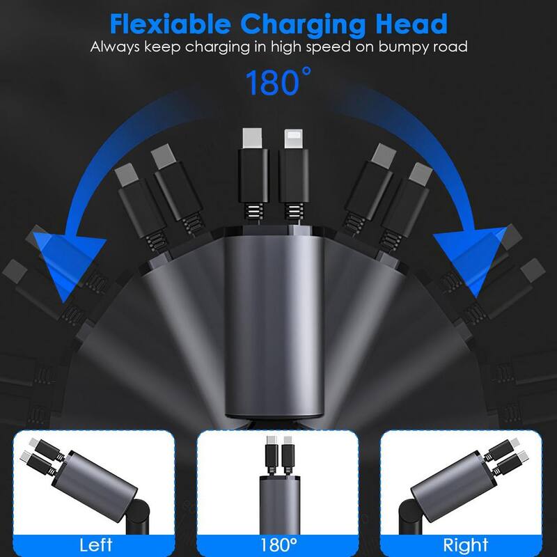 Etokfoks 100-Watt 4-In-1 180º Adjustable Fast Car Charger USB C Car Charger in Silver Grey (1-Pack) - MLSA21OT010