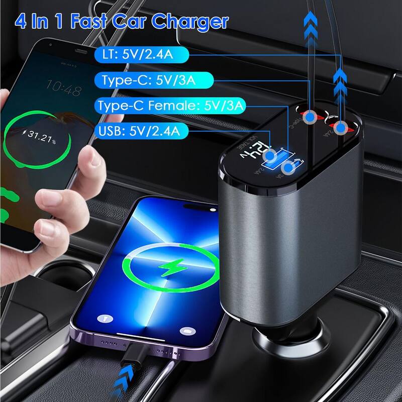 Etokfoks 100-Watt 4-In-1 180º Adjustable Fast Car Charger USB C Car Charger in Silver Grey (1-Pack) - MLSA21OT010