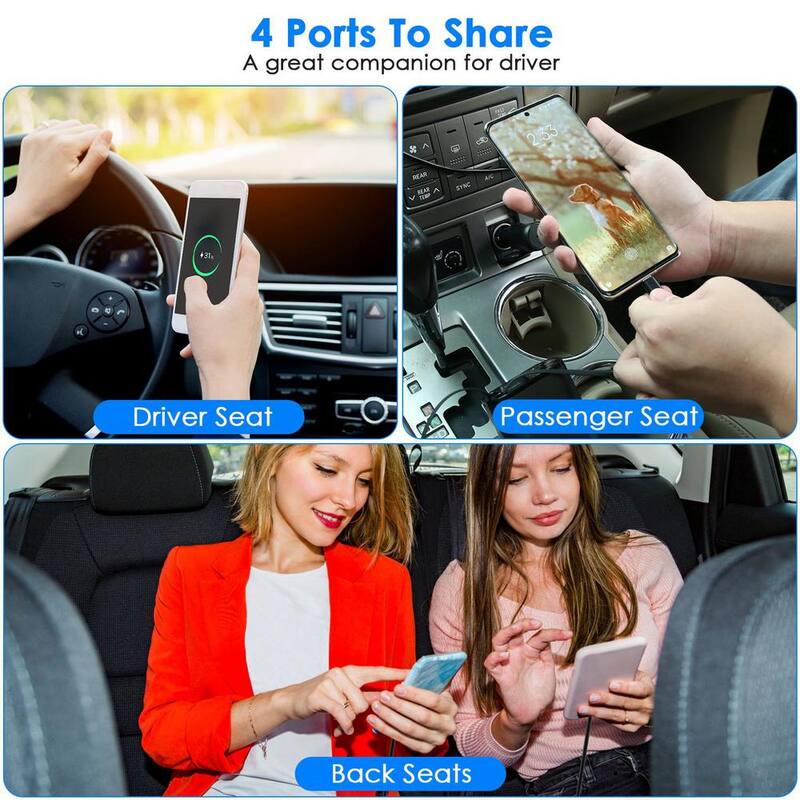 Etokfoks 100-Watt 4-In-1 180º Adjustable Fast Car Charger USB C Car Charger in Silver Grey (1-Pack) - MLSA21OT010