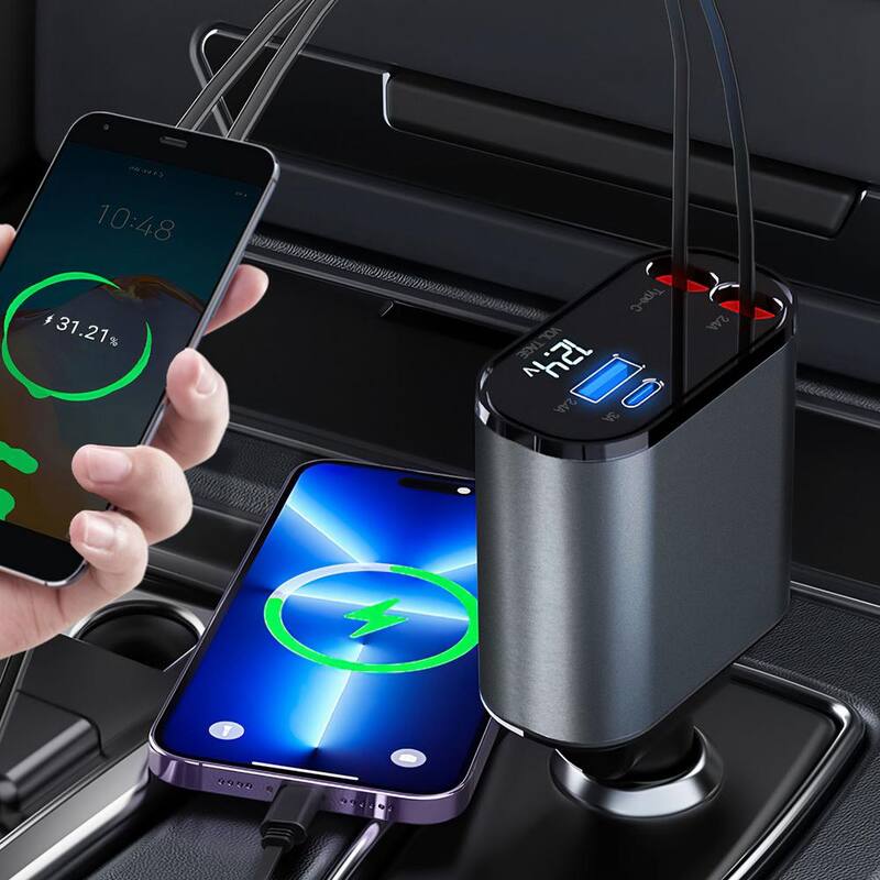 Etokfoks 100-Watt 4-In-1 180º Adjustable Fast Car Charger USB C Car Charger in Silver Grey (1-Pack) - MLSA21OT010