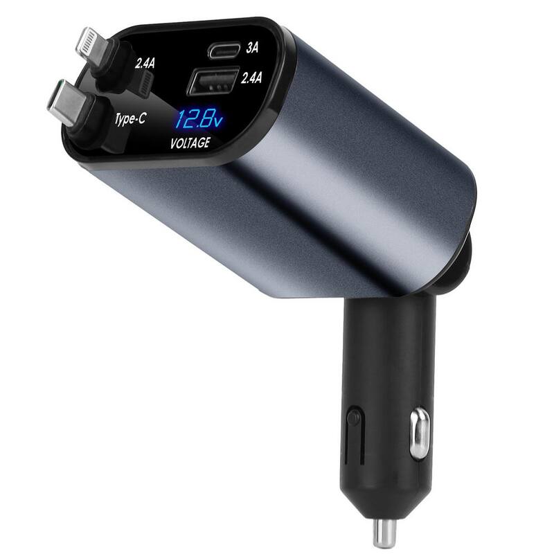 Etokfoks 100-Watt 4-In-1 180º Adjustable Fast Car Charger USB C Car Charger in Silver Grey (1-Pack) - MLSA21OT010