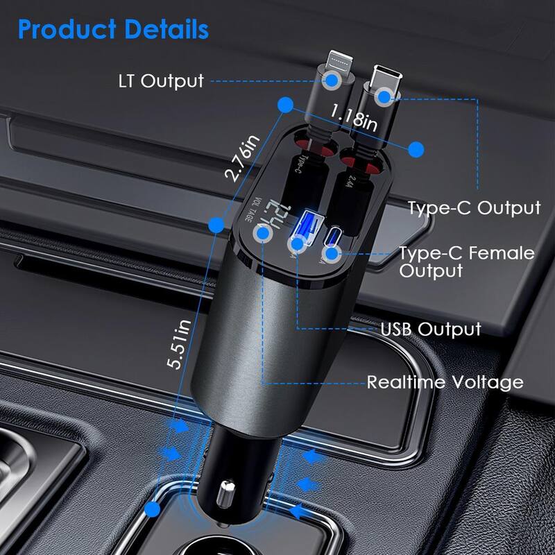 Etokfoks 100-Watt 4-In-1 180º Adjustable Fast Car Charger USB C Car Charger in Silver Grey (1-Pack) - MLSA21OT010