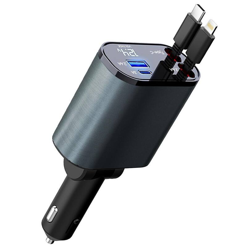 Etokfoks 100-Watt 4-In-1 180º Adjustable Fast Car Charger USB C Car Charger in Silver Grey (1-Pack) - MLSA21OT010