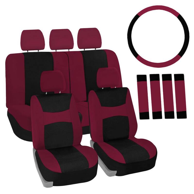 FH Group Light and Breezy Fabric 21 in. x 21 in. x 2 in. Full Set Seat Covers with Steering Wheel Cover and 4-Seat Belt Pads - DMFB030BGD115CM