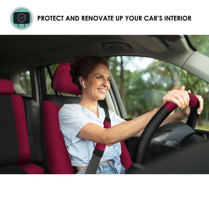 FH Group Light and Breezy Fabric 21 in. x 21 in. x 2 in. Full Set Seat Covers with Steering Wheel Cover and 4-Seat Belt Pads - DMFB030BGD115CM