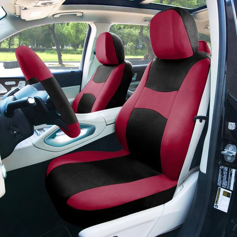 FH Group Light and Breezy Fabric 21 in. x 21 in. x 2 in. Full Set Seat Covers with Steering Wheel Cover and 4-Seat Belt Pads - DMFB030BGD115CM
