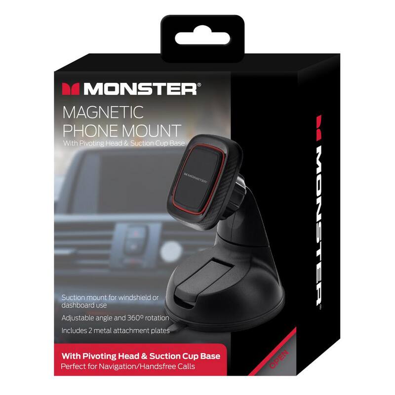 Monster Universal Magnetic Phone Mount With Pivoting Suction Cup Base, Hands-Free Calls, GPS - MMH5-1002-W12