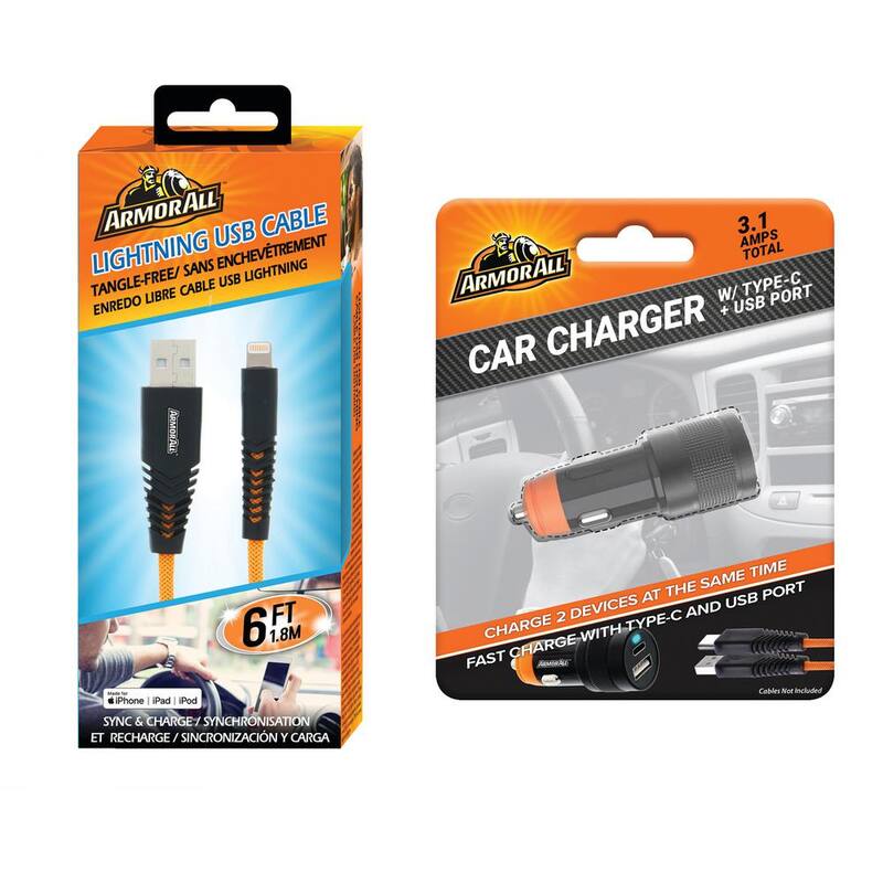 Armor All Car Charger Bundle, 6 ft. Lightning Cable and Car Charger Adapter 3.1 Amp - ECOM-0104-ORG
