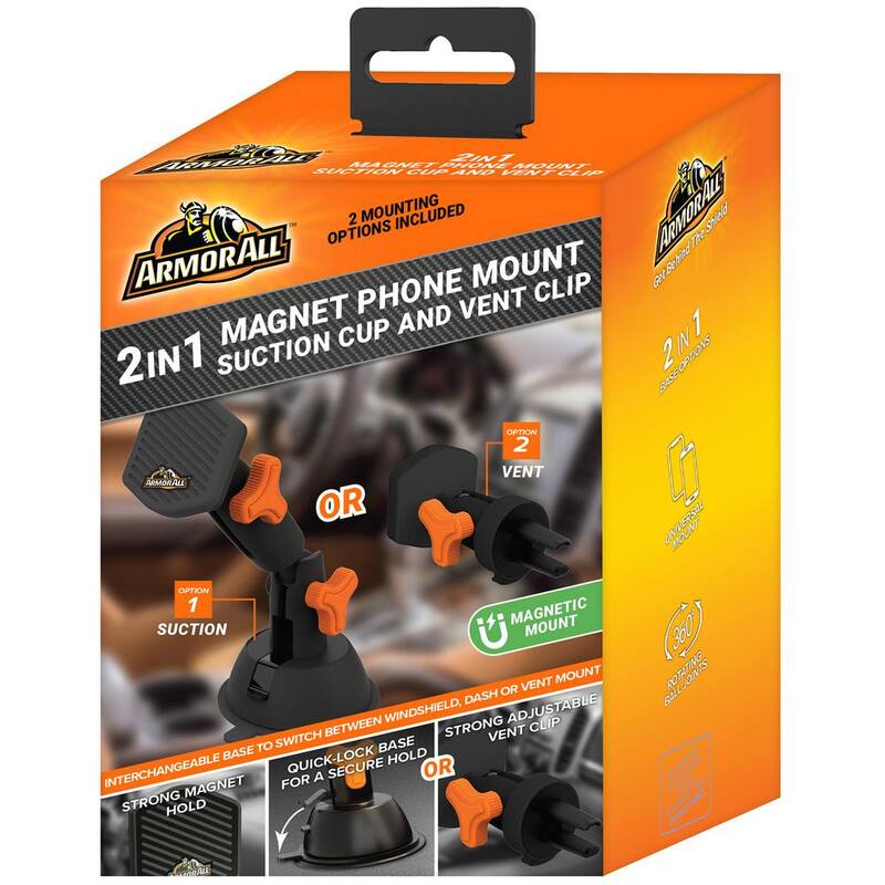 Armor All 2 in. 1 Magnet Phone Mount, 3 Setup Options: Dashboard/Windshield/Air Vent - AMH3-1011-BLK