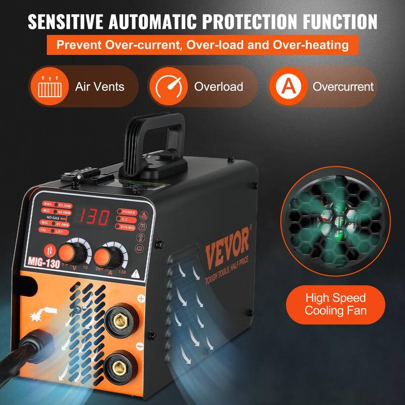 VEVOR MIG Welder, 130A Flux Core Welder, 3 in 1 Combo MMA/MIG/LIFT TIG Welder Machine, Portable MIG-130 Welding Machine, Volts - DHJWQSHMIGTIGBKDNV1-0726