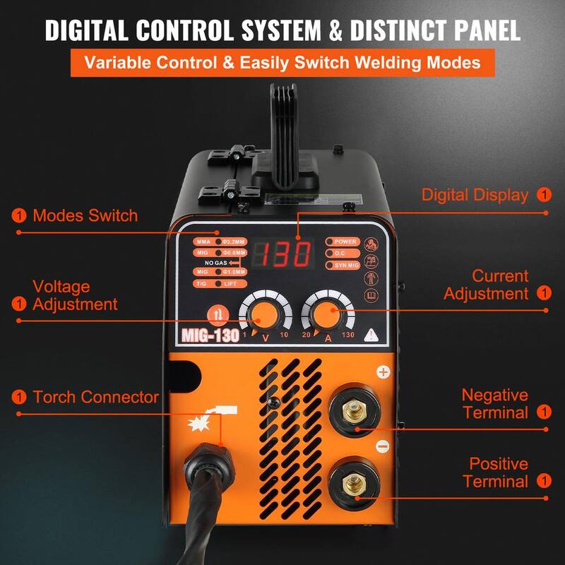 VEVOR MIG Welder, 130A Flux Core Welder, 3 in 1 Combo MMA/MIG/LIFT TIG Welder Machine, Portable MIG-130 Welding Machine, Volts - DHJWQSHMIGTIGBKDNV1-0726