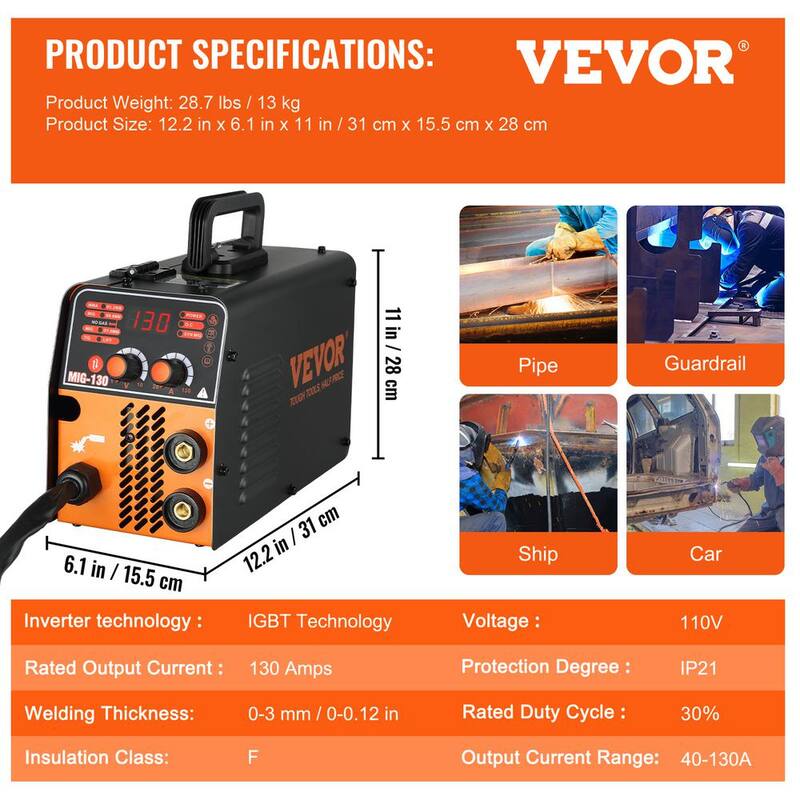 VEVOR MIG Welder, 130A Flux Core Welder, 3 in 1 Combo MMA/MIG/LIFT TIG Welder Machine, Portable MIG-130 Welding Machine, Volts - DHJWQSHMIGTIGBKDNV1-0726
