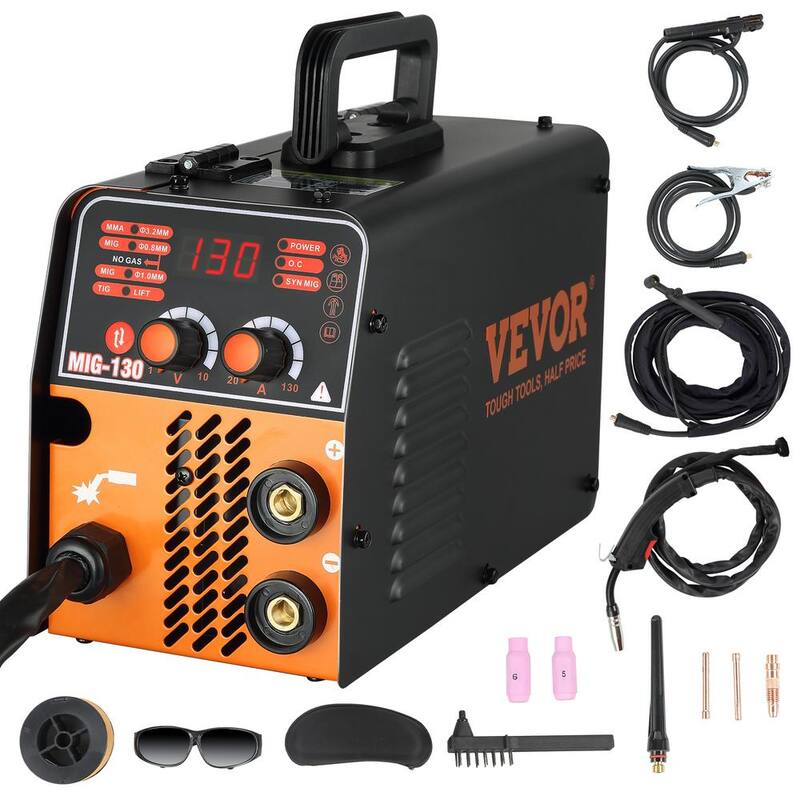 VEVOR MIG Welder, 130A Flux Core Welder, 3 in 1 Combo MMA/MIG/LIFT TIG Welder Machine, Portable MIG-130 Welding Machine, Volts - DHJWQSHMIGTIGBKDNV1-0726