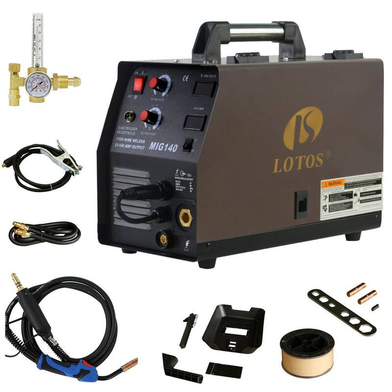 Lotos 140 Amp MIG Wire Feed Welder Flux Core Welder and Aluminum Welder UNG 5/8 in. Hose Fitting Regulator 2T/4T Switch 110V - MIG140